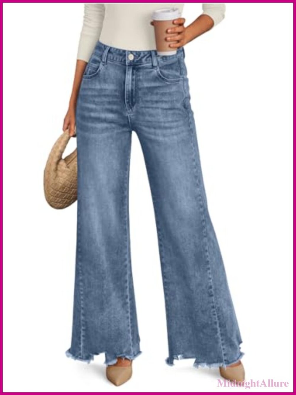 Women's Wide Leg Jeans Stretchy High Waisted Straight Leg Raw Hem